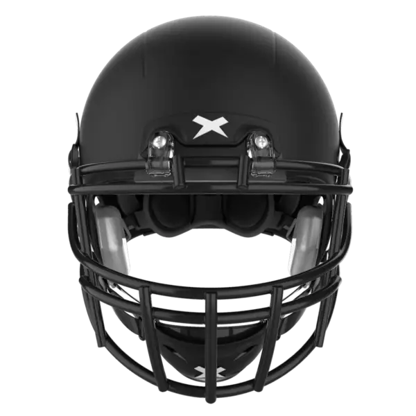 X2E+ football helmet with black shell and black XRS-21SX facemask from front.