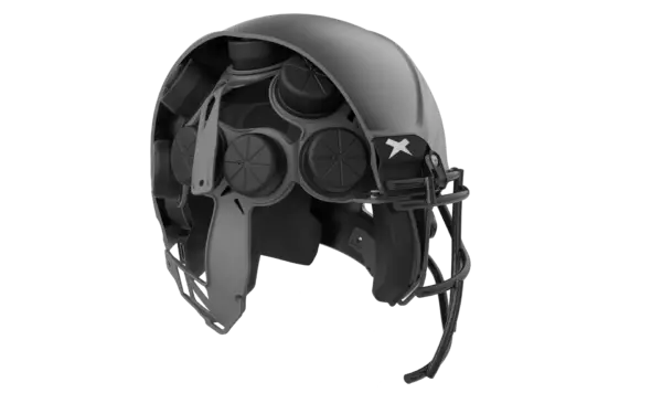 image showing a black shadow helmet with the shell half cut to see the internal shock matrix