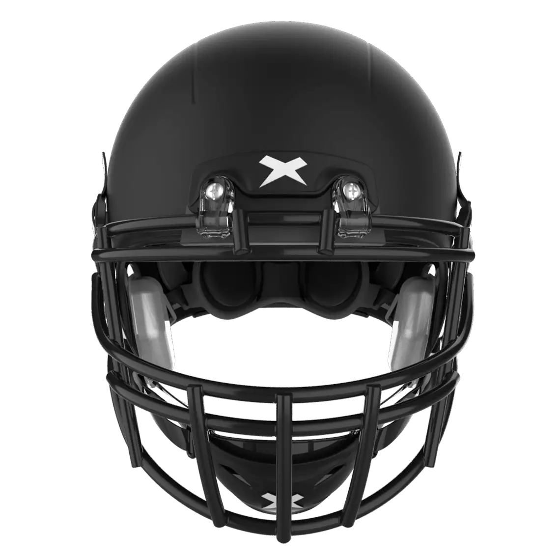 X2E+ football helmet with black shell and black XRS-21X facemask from front.