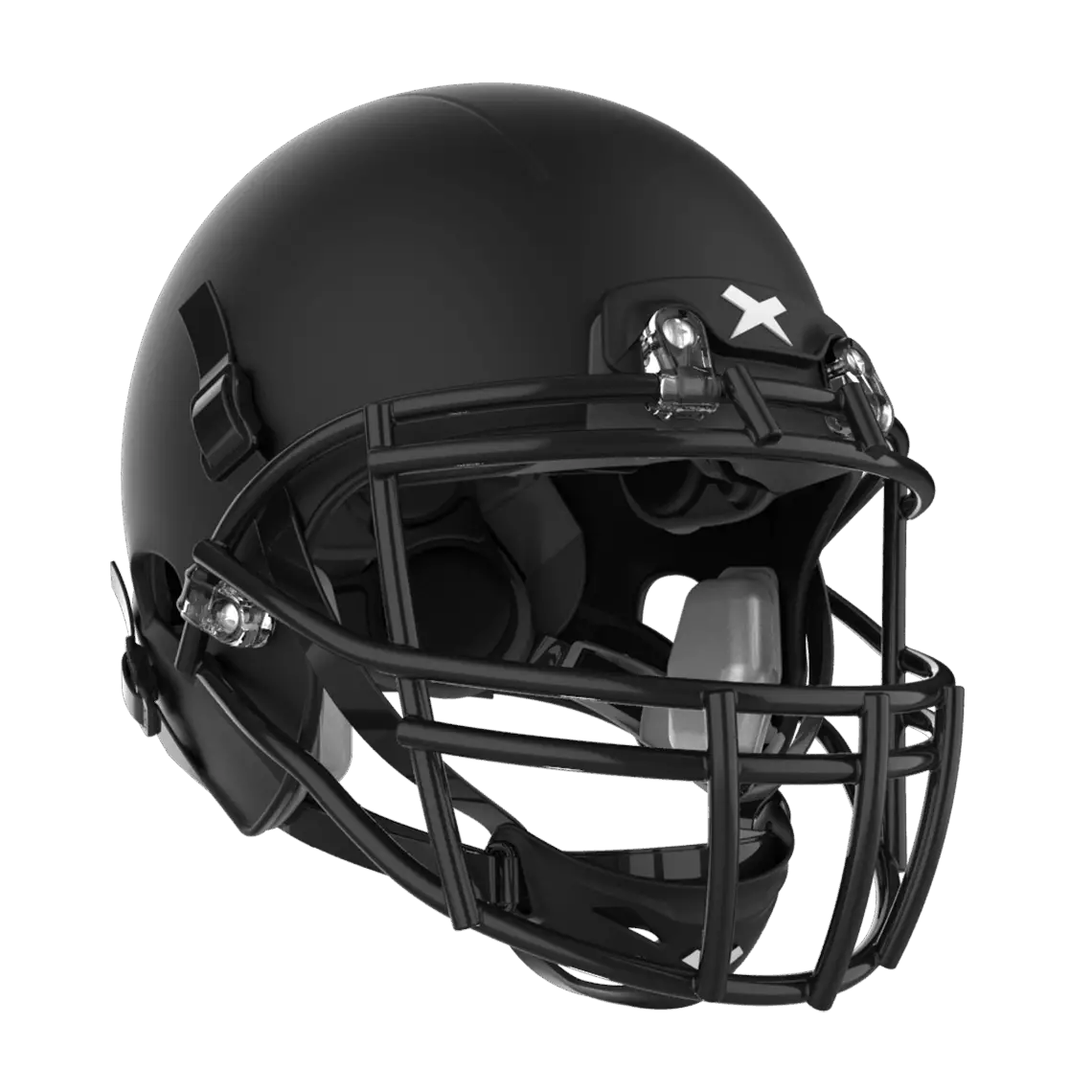 X2E+ football helmet with black shell and black XRS-21X facemask from front.