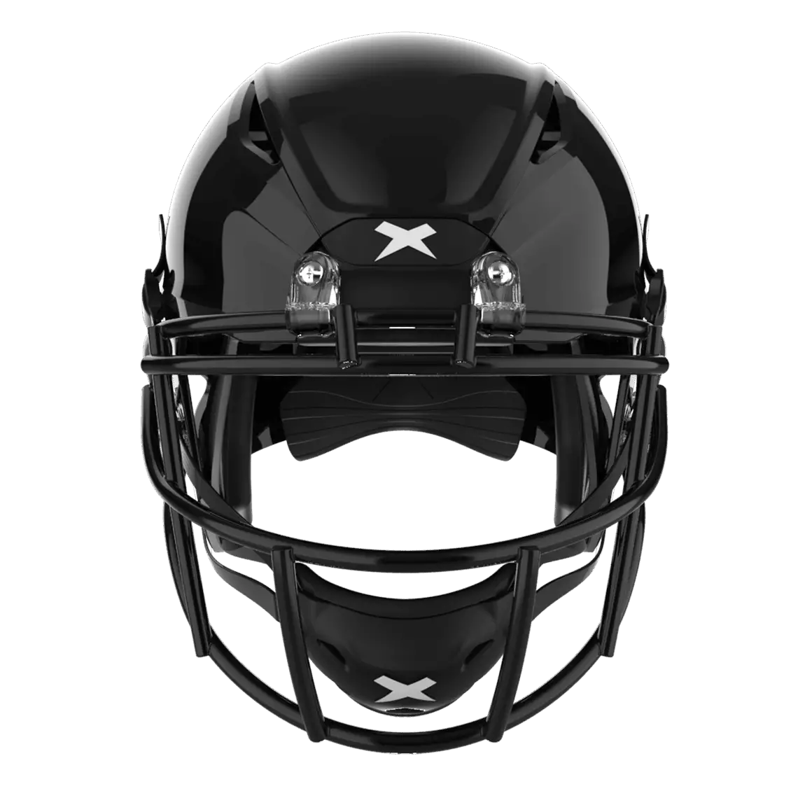 Shadow football helmet with black shell and black Prime facemask from front diagonal.