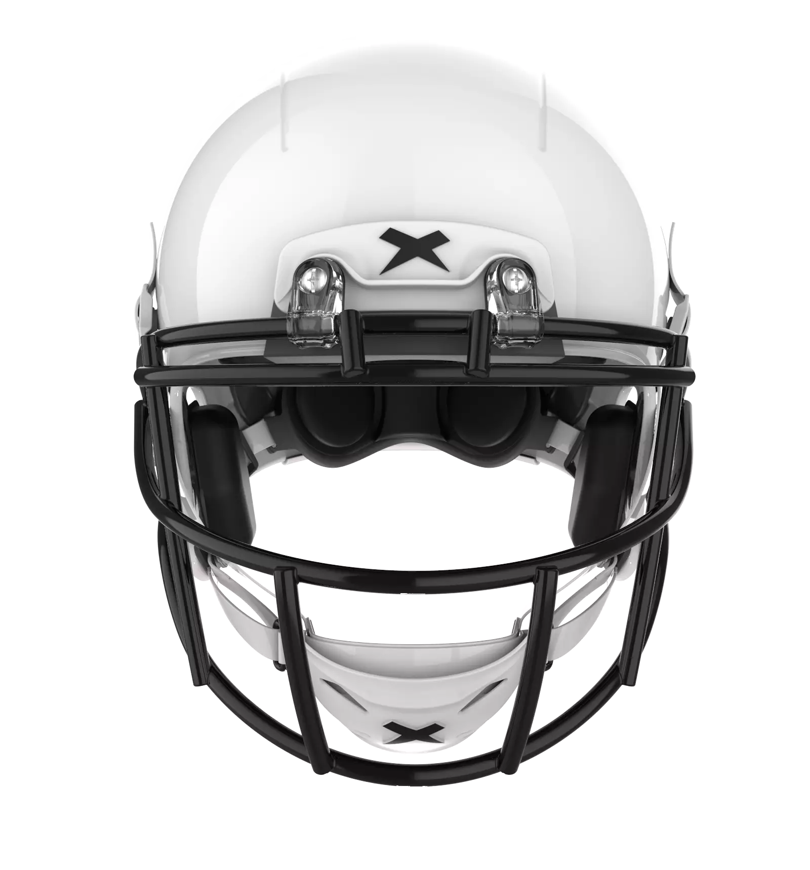 Front facing view x2e+ white shell, black facemask.