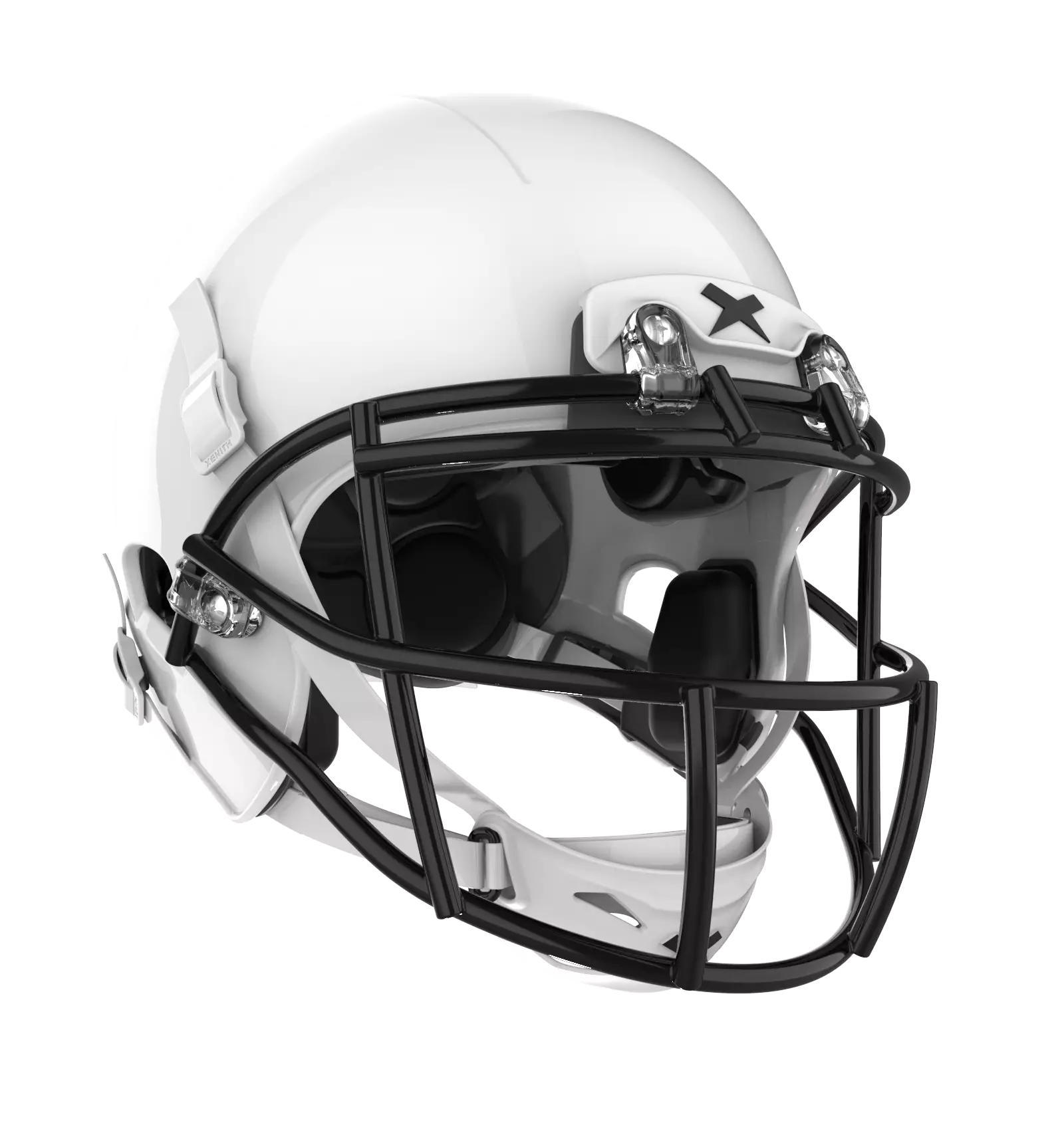 Right facing view x2e+ white shell, black facemask.