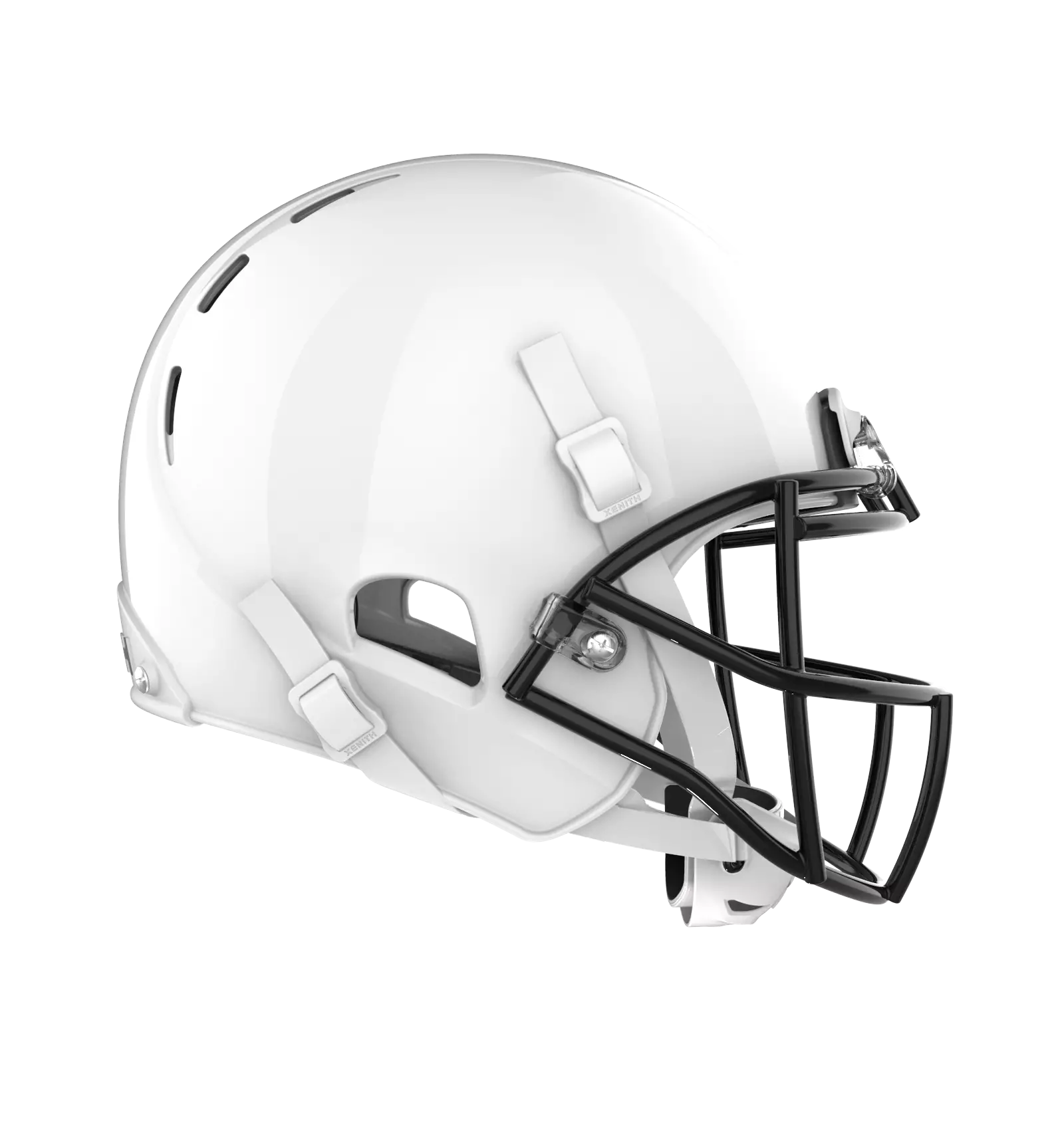 Side facing view x2e+ white shell, black facemask.